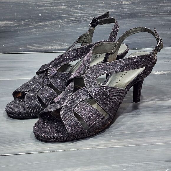 Karen Scott Belindah Sandals Size 9.5 M Metallic Pewter Open Toe Slingback Heels - Picture 2 of 13